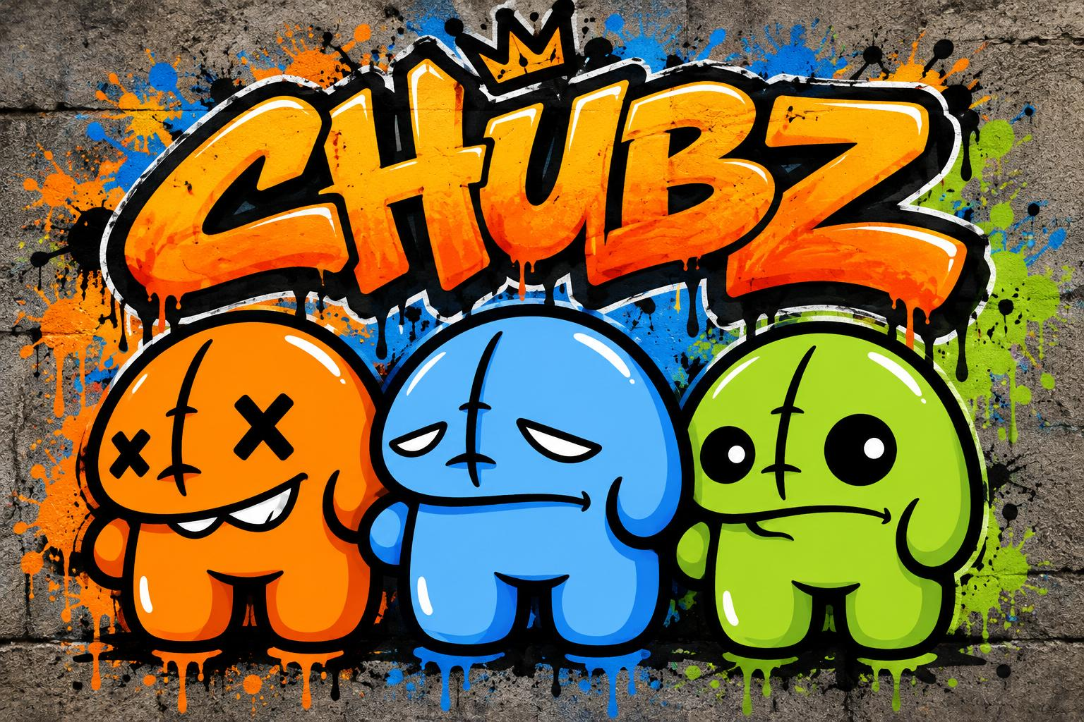 CHUBZ graffiti with the orange, blue, and green chubs