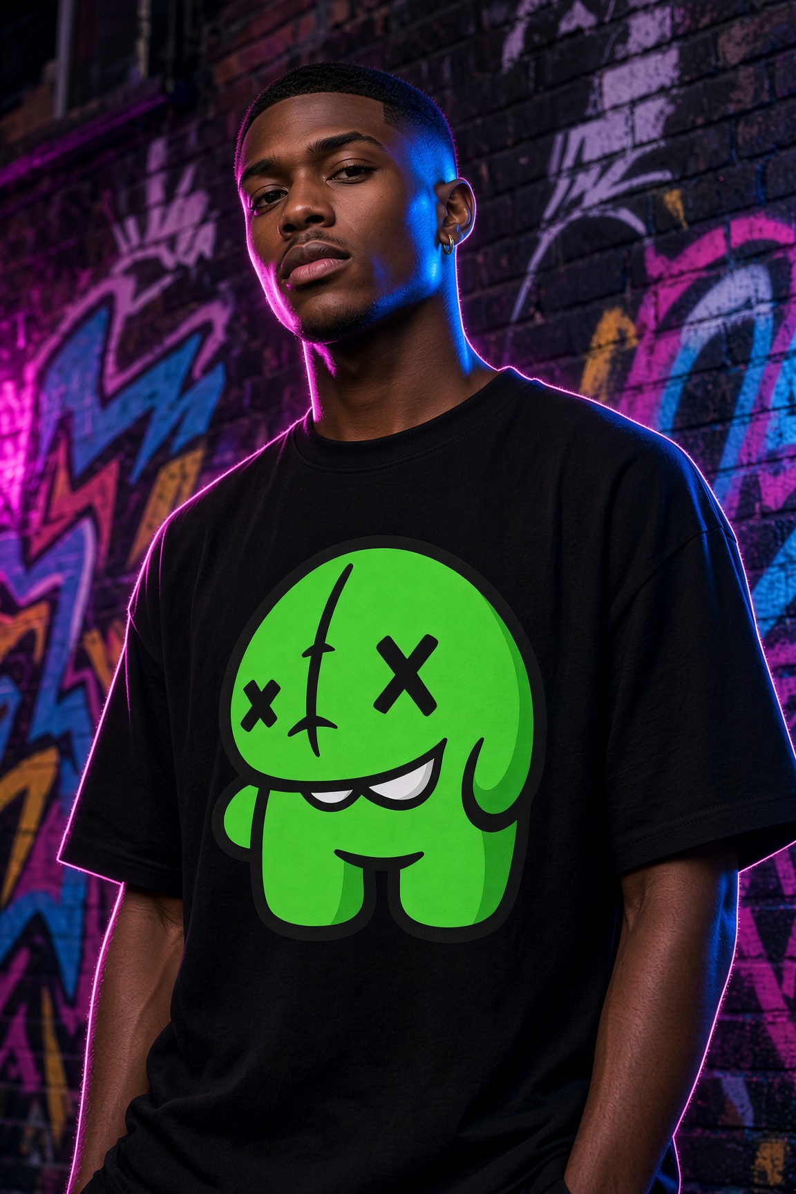 Model in a tee with the green chub