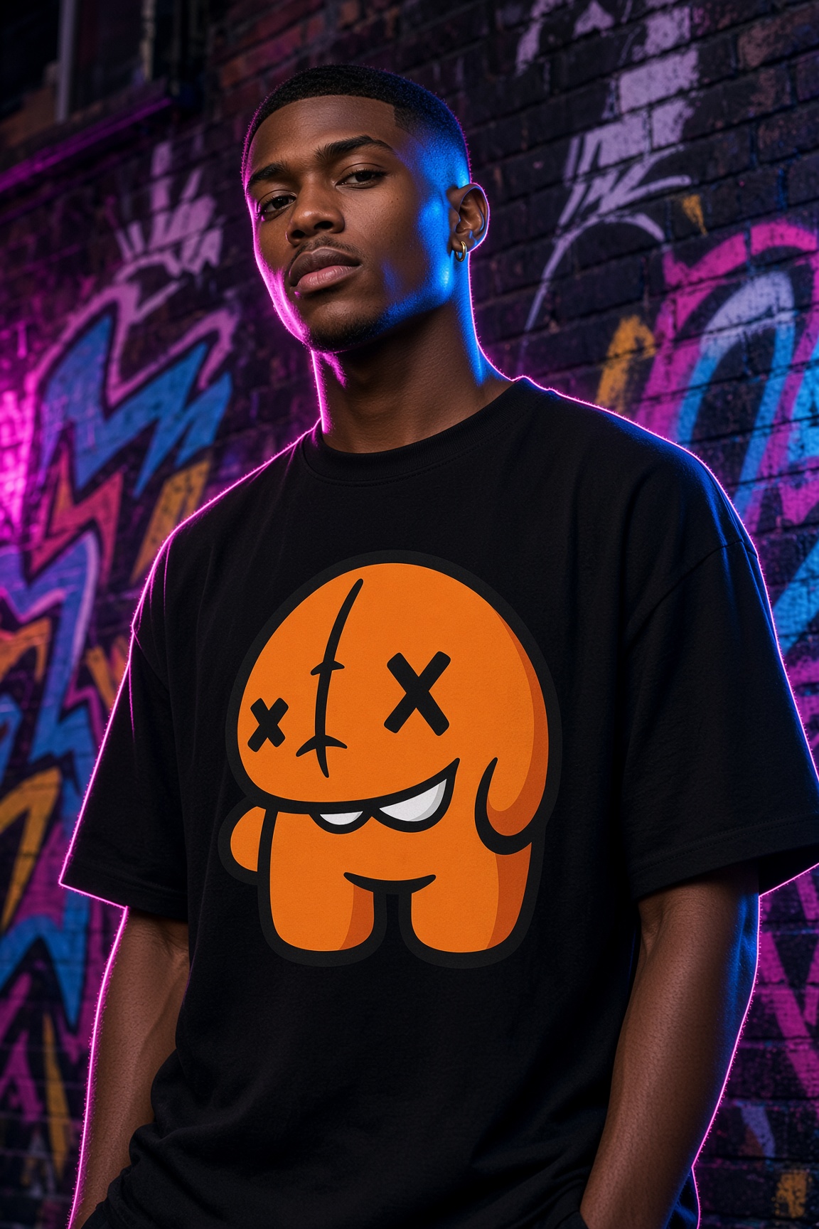 Model in a black tee with the orange chub, night wall